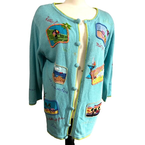 Vintage Oversized Vacation Fun Knit Cardigan Sweater Sz L Womens by Ashlyn Kate - Picture 3 of 11